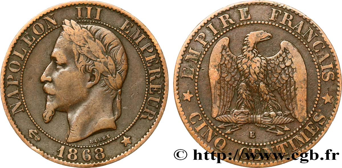 Essai (Ancre-Étoile) Cinq centimes Napoléon III tête laurée 1868 Paris G.2017.155 p.540 TB35 