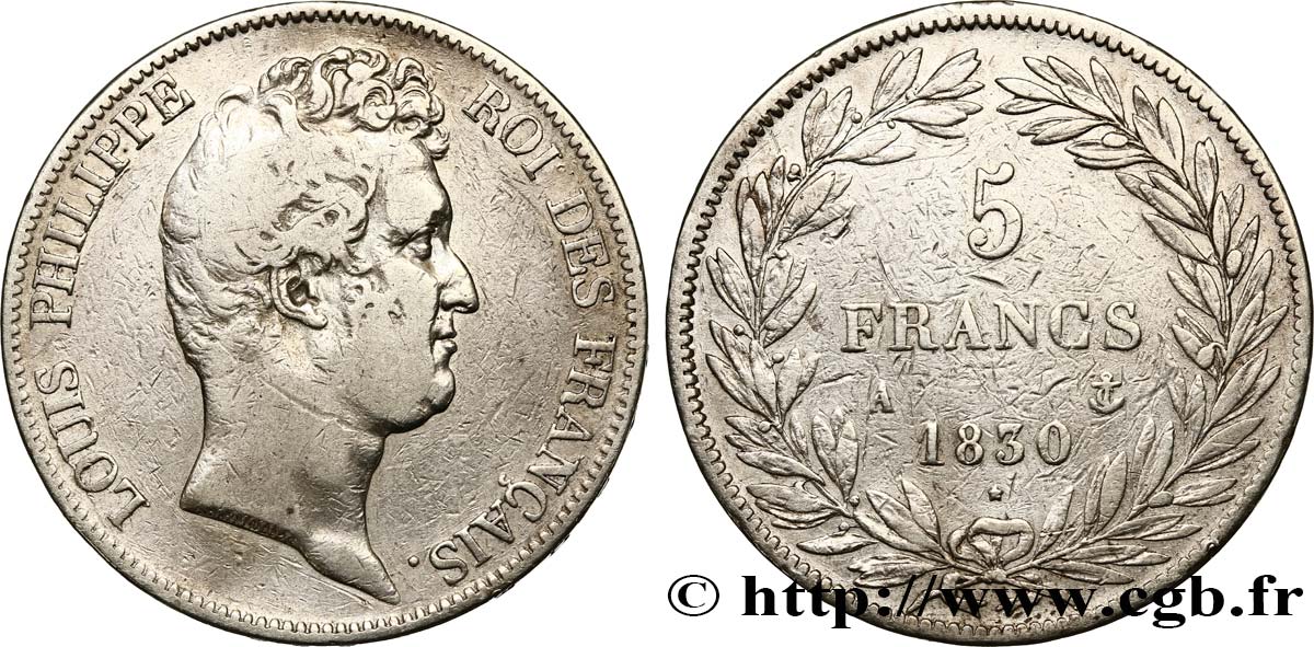 5 francs type Tiolier sans le I, tranche en creux 1830 Paris F.313/1 TB25 