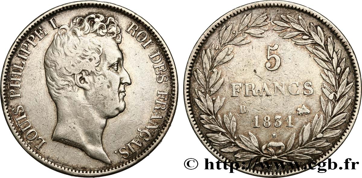 5 francs type Tiolier avec le I, tranche en creux 1831 Rouen F.315/15 S35 