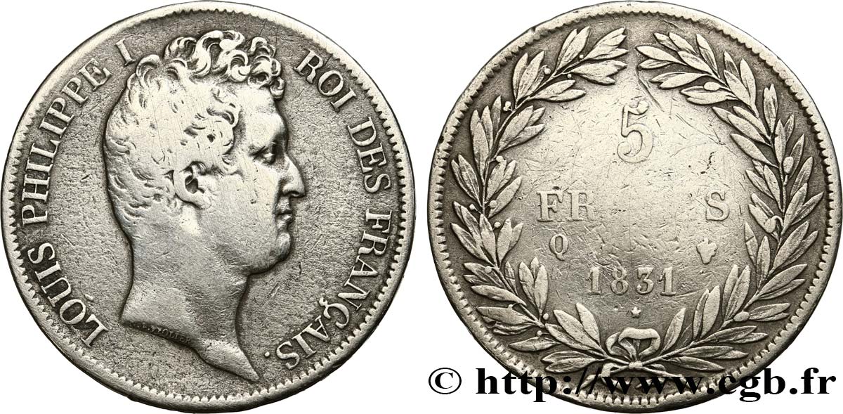 5 francs type Tiolier avec le I, tranche en creux 1831 Perpignan F.315/25 S 