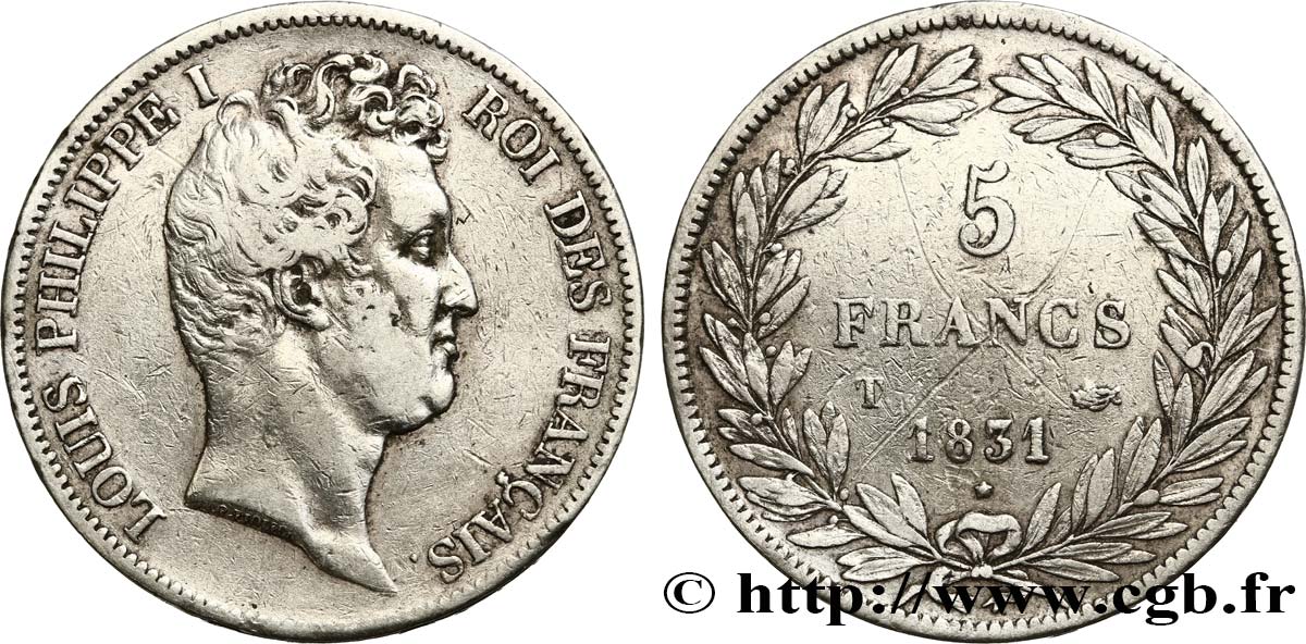 5 francs type Tiolier avec le I, tranche en creux 1831 Nantes F.315/26 BB 