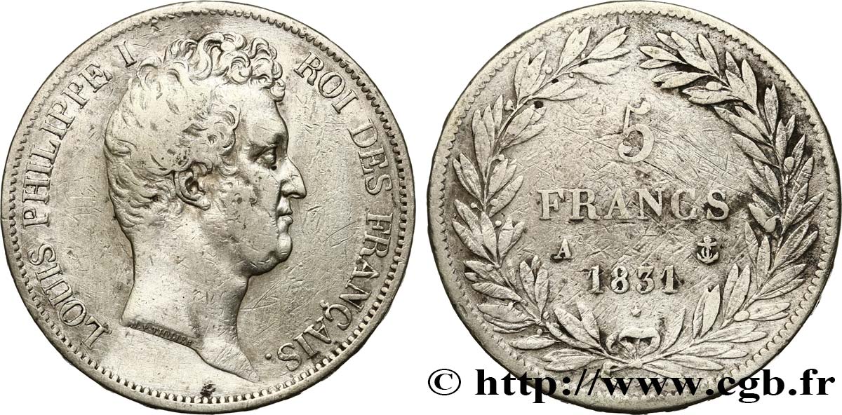 5 francs type Tiolier avec le I, tranche en relief 1831 Paris F.316/2 TB 
