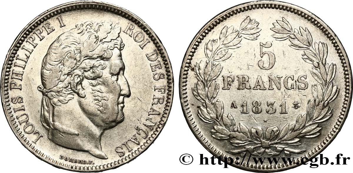 5 francs Ier type Domard, tranche en relief 1831 Paris F.320/1 XF45 