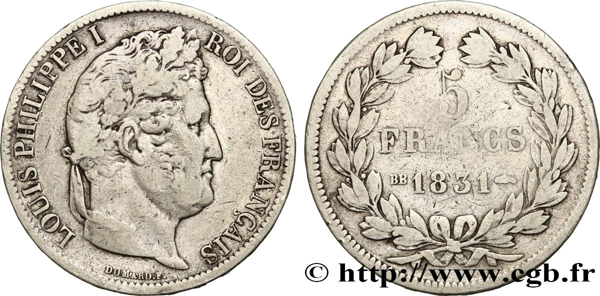 5 francs Ier type Domard, tranche en relief 1831 Strasbourg F.320/3 VF25 