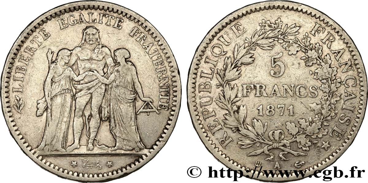 5 francs Hercule, dite “Camélinat” 1871 Paris F.334/3 S25 