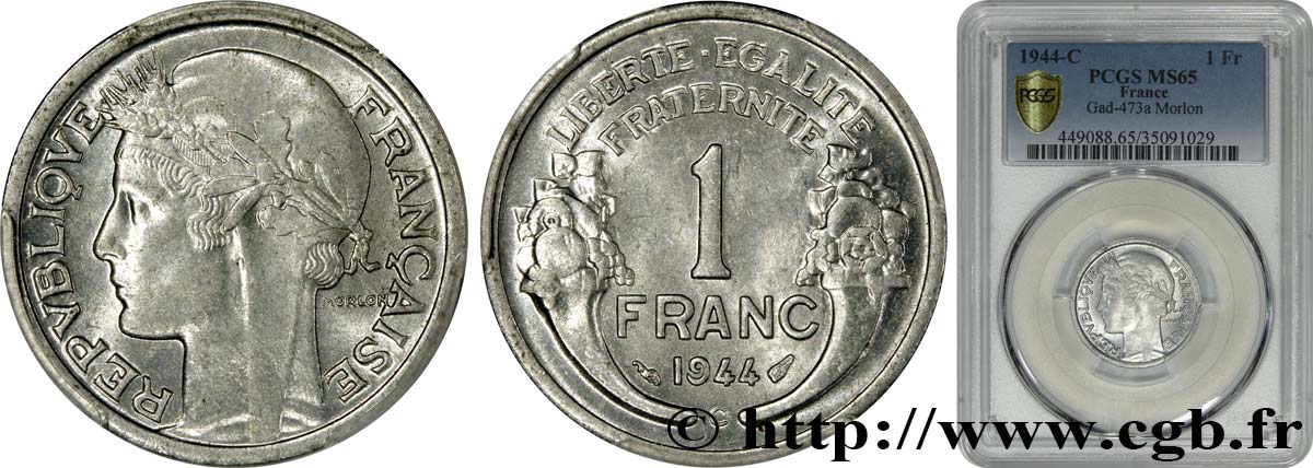 1 franc Morlon, légère 1944 Castelsarrasin F.221/4 MS65 PCGS