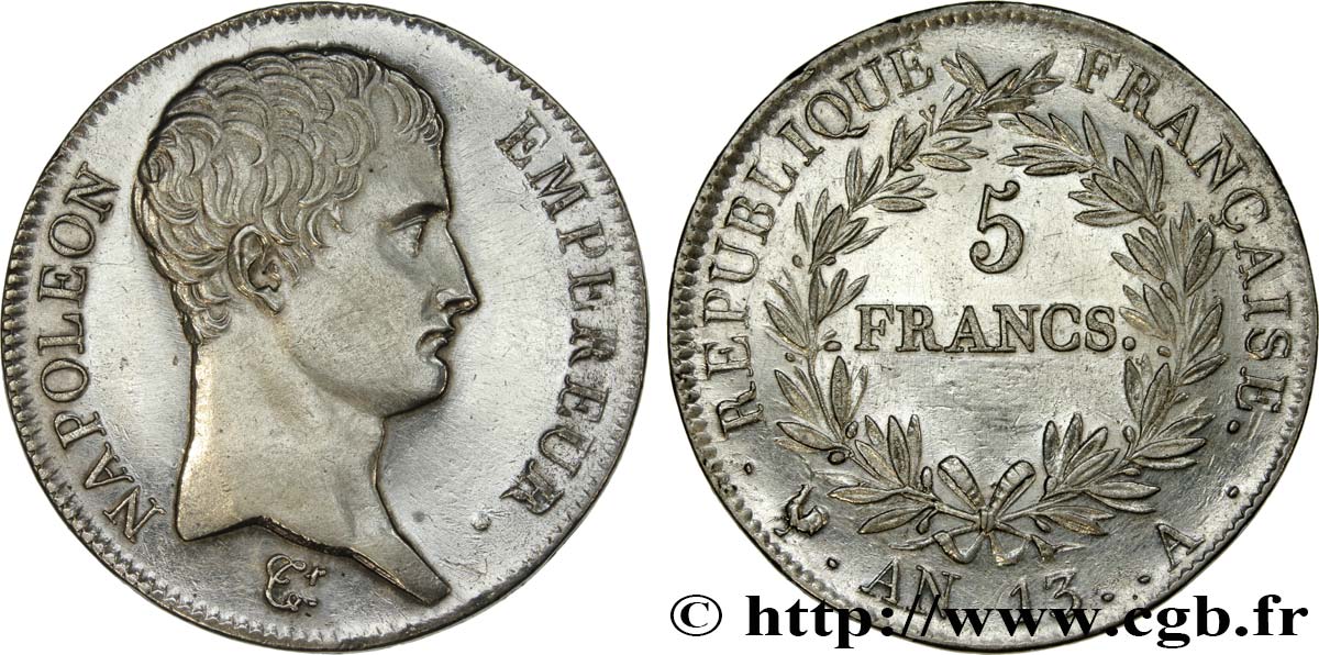 5 francs Napoléon Empereur, Calendrier révolutionnaire 1805 Paris F.303/2 VZ+ 