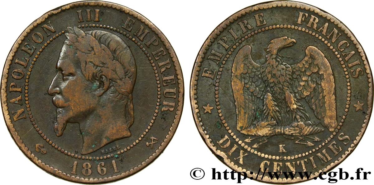Dix Centimes Napoléon tête laurée 1861 Bordeaux F.134/6 MB35 