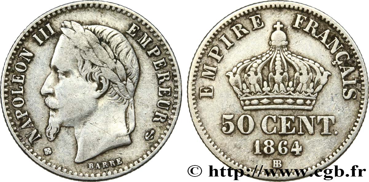 50 centimes Napoléon III, tête laurée 1864 Strasbourg F.188/3 TTB40 