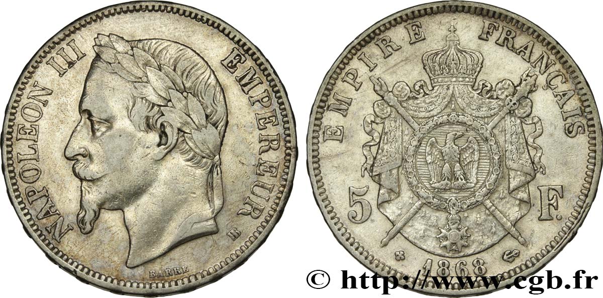5 francs Napoléon III, tête laurée 1868 Strasbourg F.331/13 TTB45 