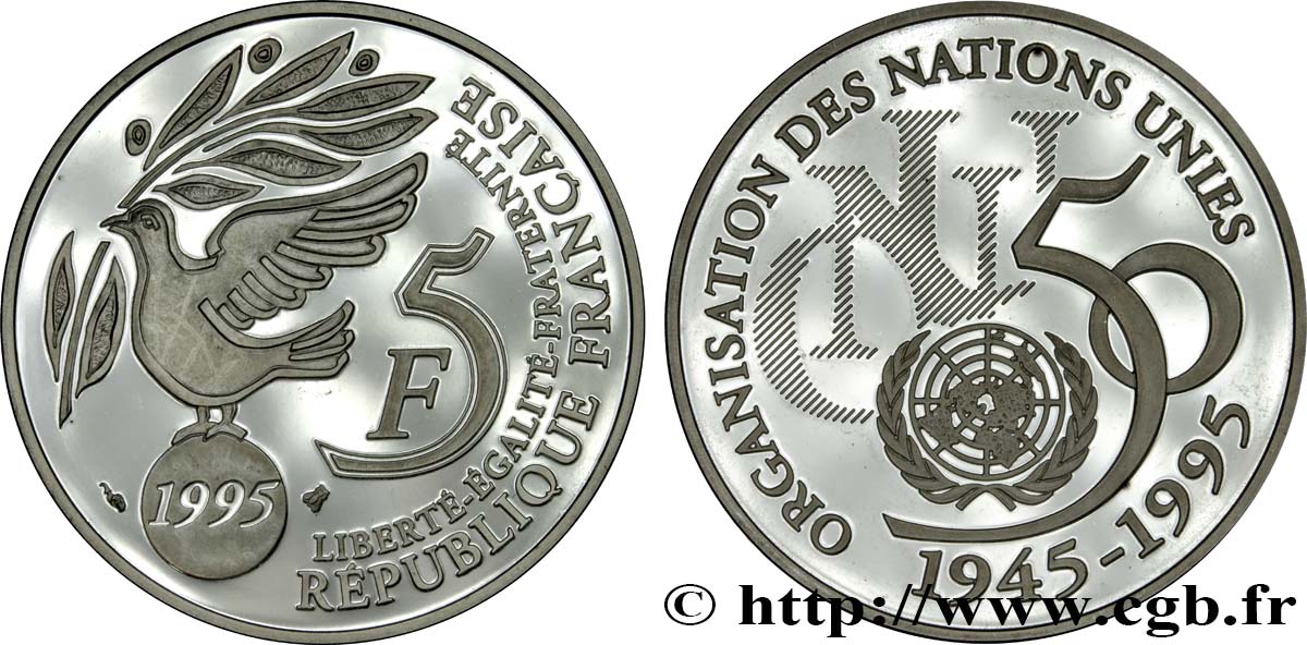 Belle Épreuve 5 francs Cinquantenaire de l’ONU 1995 Paris F5.1203 2 SPL 