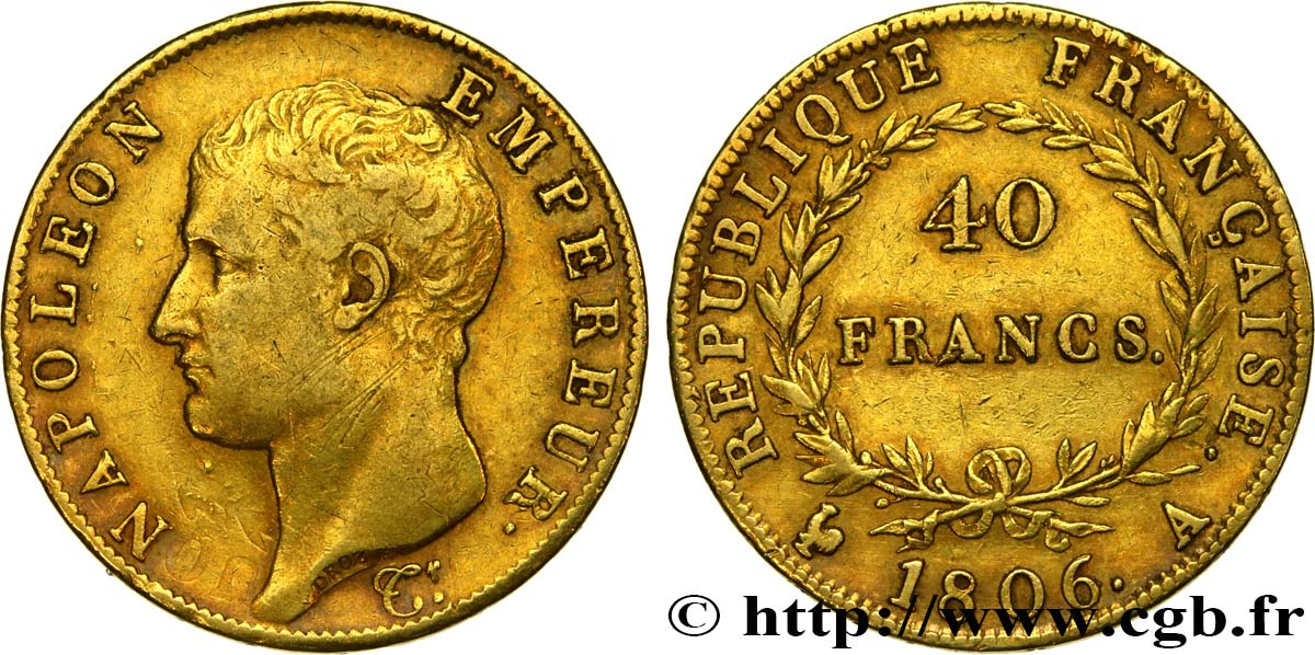 40 francs or Napoléon tête nue, Calendrier grégorien 1806 Paris F.538/1 MBC40 