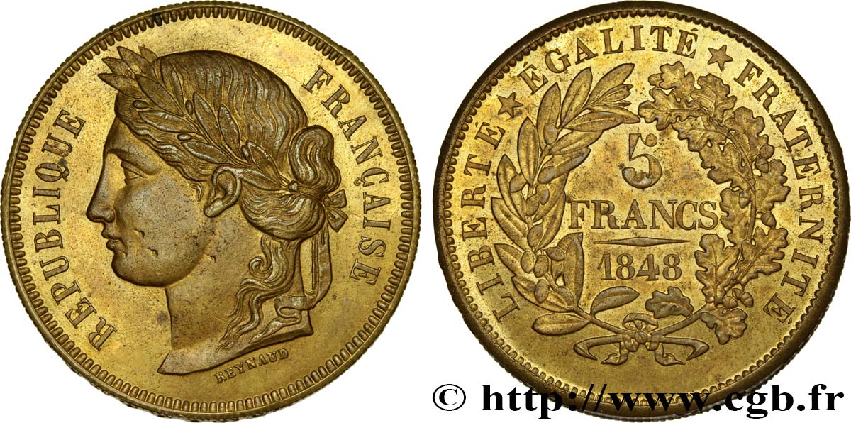 Concours de 5 francs, piéfort de Reynaud 1848 Paris Maz.1296 var. MS62 