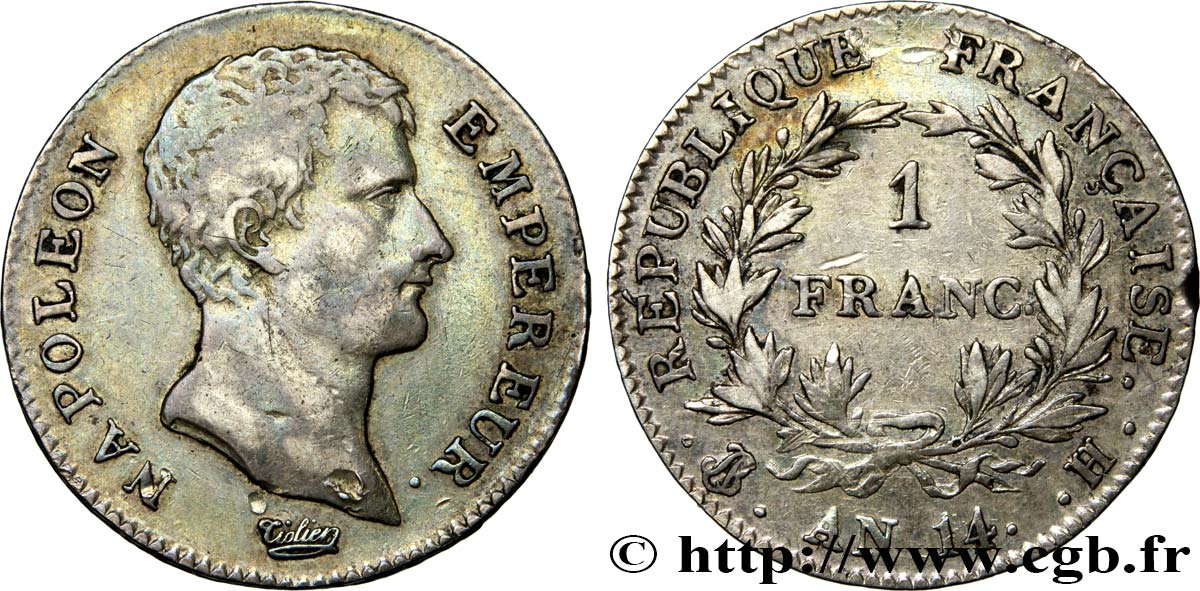 1 franc Napoléon Empereur, Calendrier révolutionnaire 1805 La Rochelle F.201/32 TB35 