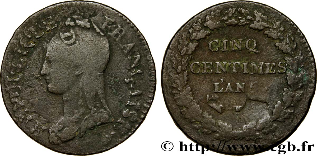 Cinq centimes Dupré, grand module,  refrappage  du décime 1797 Limoges F.114/8 S30 