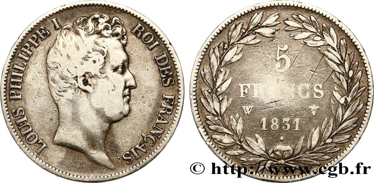 5 francs type Tiolier avec le I, tranche en creux 1831 Lille F.315/27 VF25 