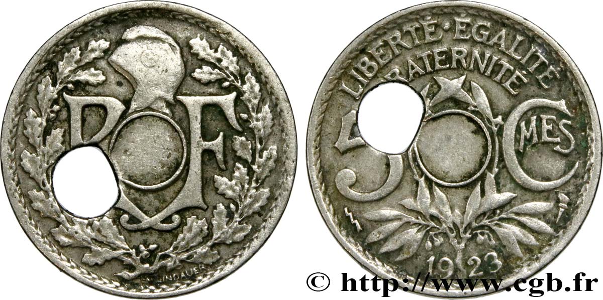 5 centimes Lindauer petit module, trou décentré Type VI 1923 Poissy F.122/7 var. BC 