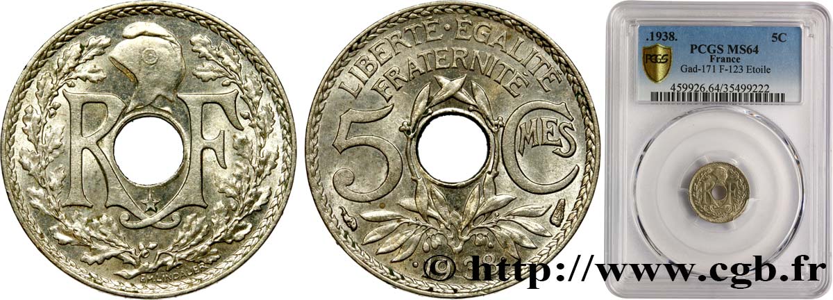 5 centimes Lindauer, maillechort, avec étoile 1938  F.123/1 SPL64 PCGS