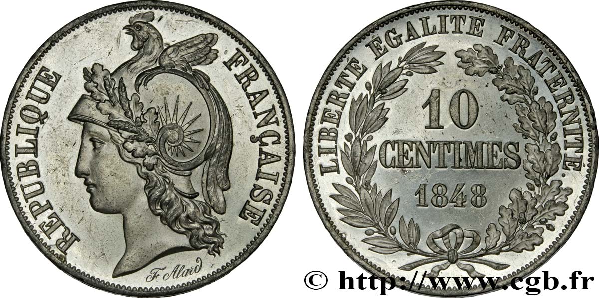 Concours de 10 centimes, essai en étain par Alard, premier revers 1848 Paris VG.3130 var. MS 