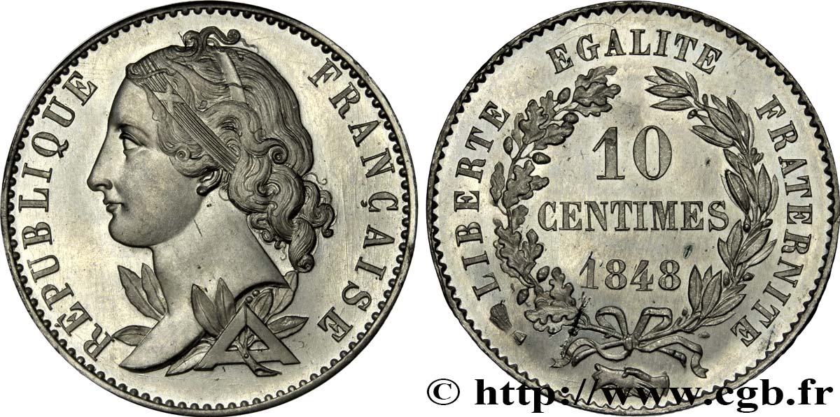 Concours de 10 centimes, essai en étain par Magniadas, premier revers 1848 Paris VG.3143 var. fST 