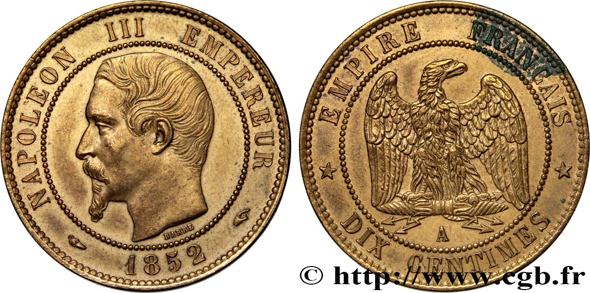 Dix centimes Napoléon III, tête nue 1852 Paris F.133/1 SUP62 