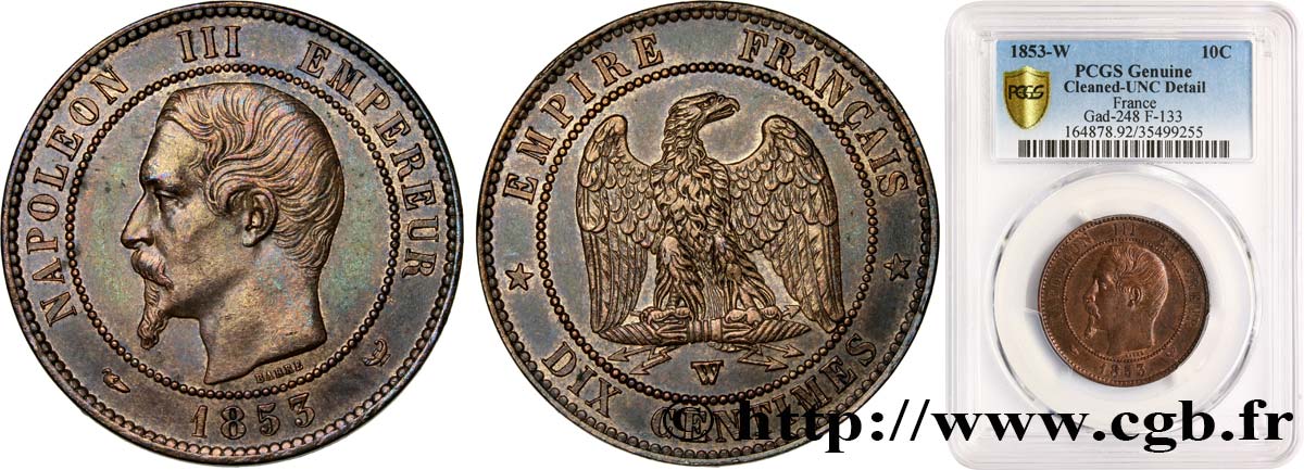 Dix centimes Napoléon III, tête nue 1853 Lille F.133/10 fST PCGS