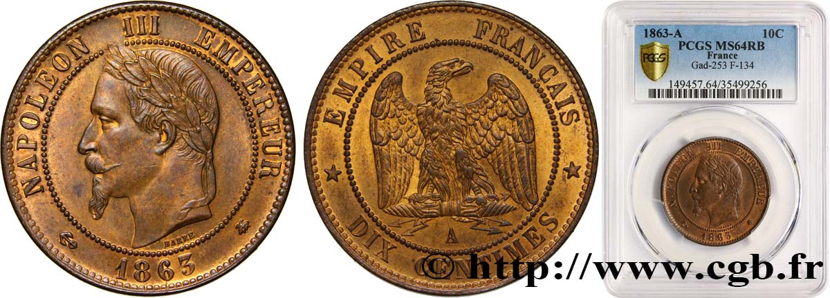Dix centimes Napoléon III, tête laurée 1863 Paris F.134/10 SC64 PCGS