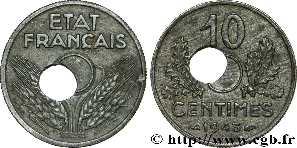 10 centimes État français, grand module, fautée, trou décentré (type III) 1943  F.141/5 AU55 