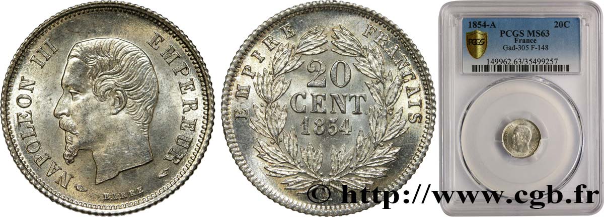 20 centimes Napoléon III, tête nue 1854 Paris F.148/2 MS63 PCGS
