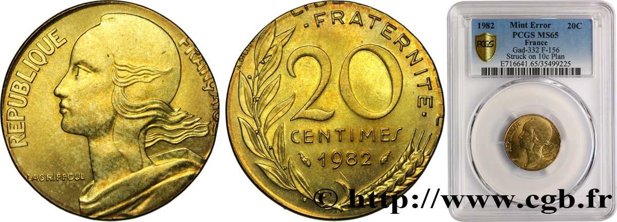 20 centimes Marianne, frappe fautée sur flan de 10 centimes Marianne 1982 Pessac F.156/22 var. ST65 PCGS
