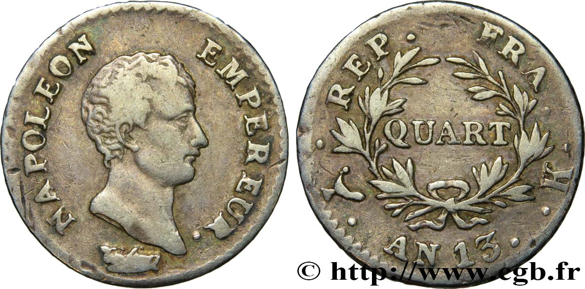 Quart (de franc) Napoléon Empereur, Calendrier révolutionnaire 1805 Bordeaux F.158/12 TB35 
