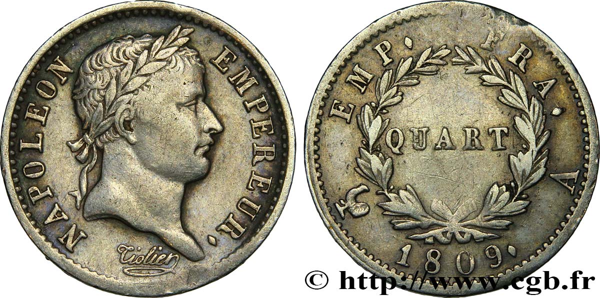 Quart (de franc) Napoléon Ier tête laurée, Empire français 1809 Paris F.162/1 MBC40 