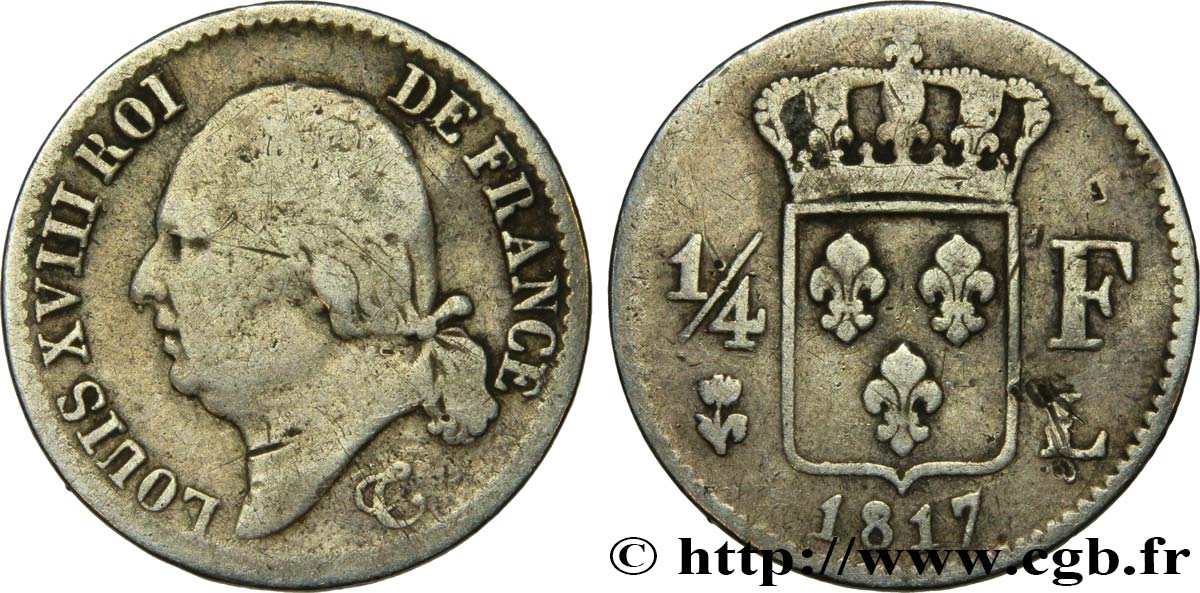 1/4 franc Louis XVIII 1817 Bayonne F.163/6 TB15 