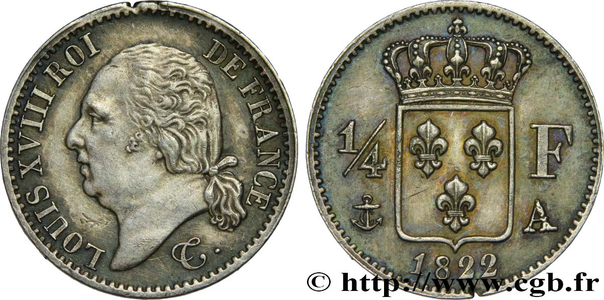1/4 franc Louis XVIII 1822 Paris F.163/21 MBC+ 