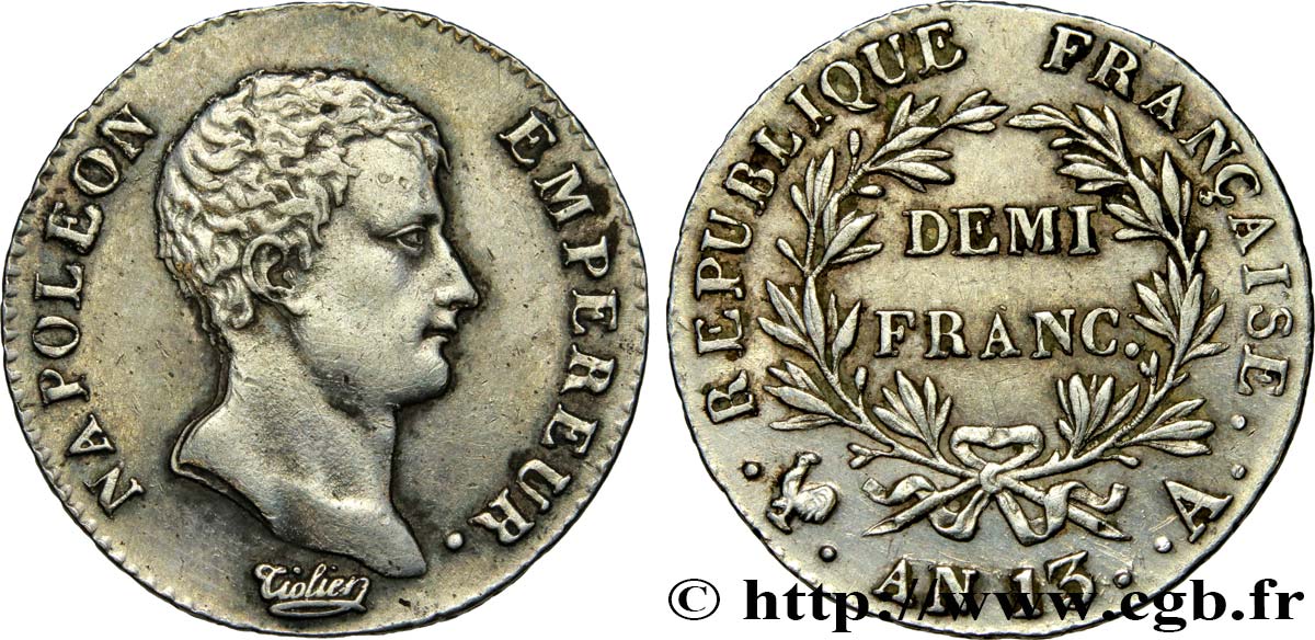Demi-franc Napoléon Empereur, Calendrier révolutionnaire 1805 Paris F.174/10 TTB+ 