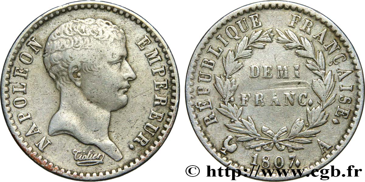 Demi-franc Napoléon Empereur, tête de nègre 1807 Paris F.176/1 MB30 
