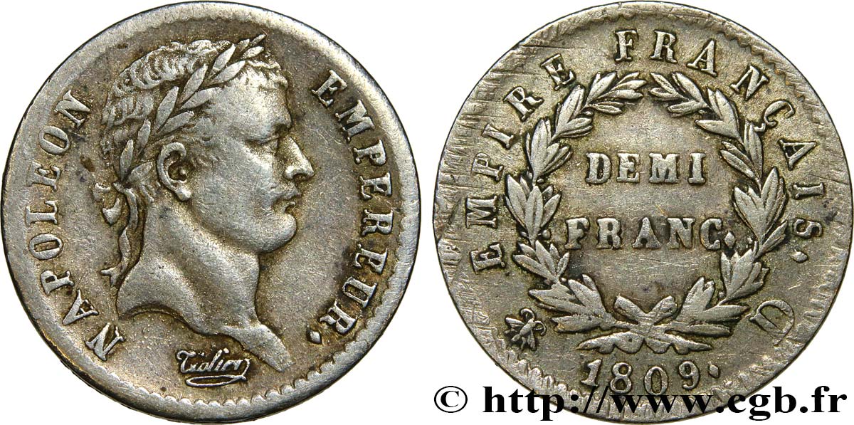 Demi-franc Napoléon Ier tête laurée, Empire français 1809 Lyon F.178/3 XF40 