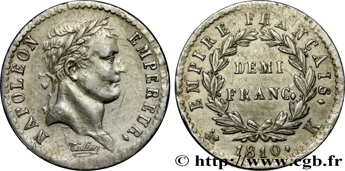 Demi-franc Napoléon Ier tête laurée, Empire français 1810 Bordeaux F.178/15 TTB48 
