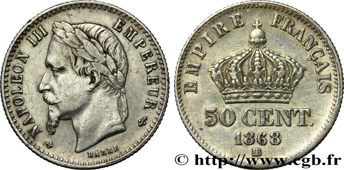 50 centimes Napoléon III, tête laurée 1868 Strasbourg F.188/20 TTB 