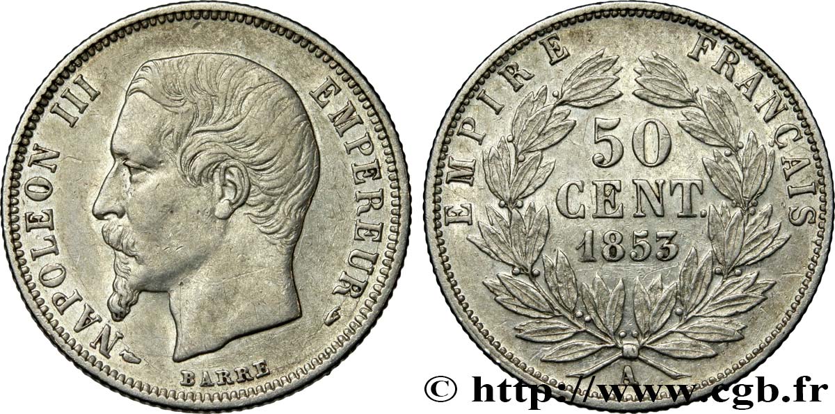 50 centimes Napoléon III, tête nue 1853 Paris F.187/1 XF48 