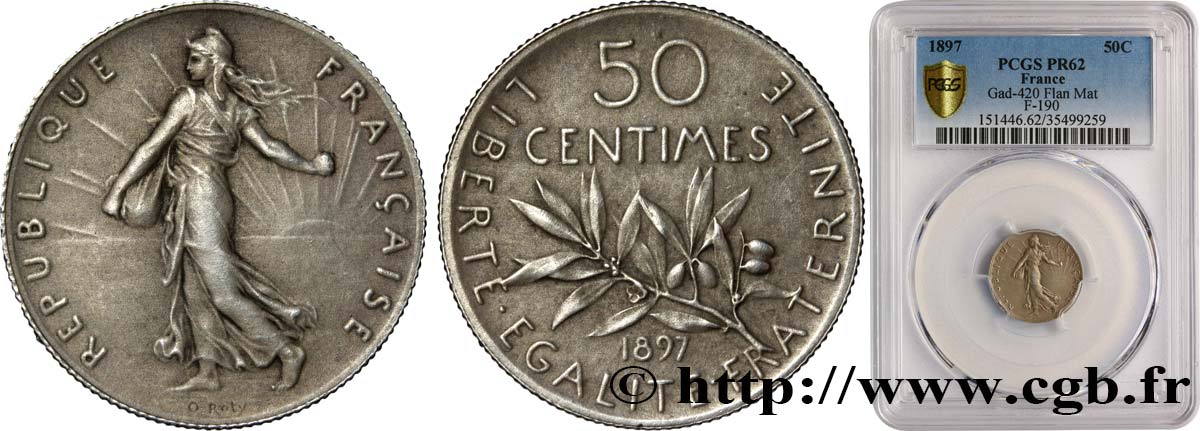 50 centimes Semeuse, Flan Mat 1897  F.190/2 VZ62 PCGS
