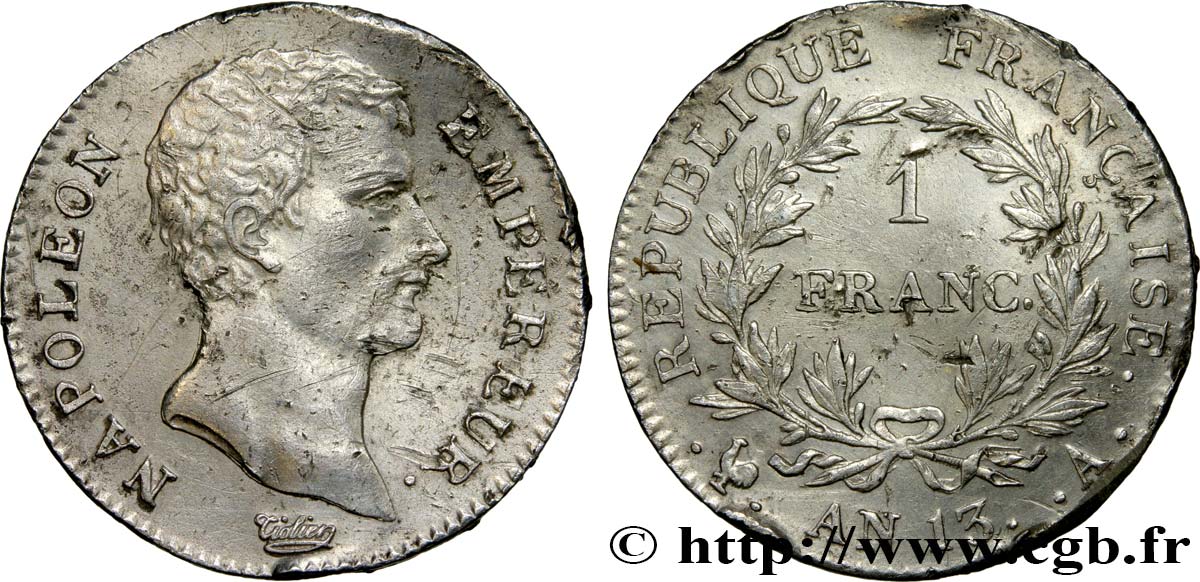 1 franc Napoléon Empereur, Calendrier révolutionnaire 1805 Paris F.201/14 BC+ 