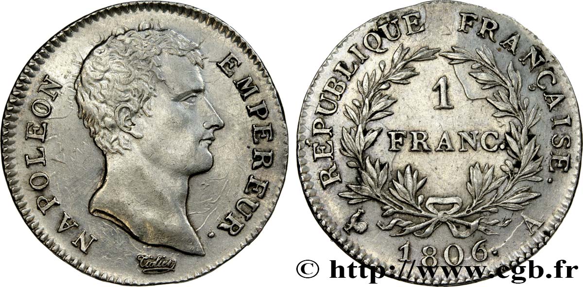 1 franc Napoléon Empereur, Calendrier grégorien 1806 Paris F.202/1 VZ55 