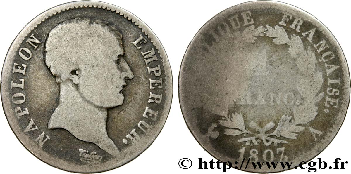 1 franc Napoléon Empereur, tête de nègre 1807 Paris F.203/1 AB5 