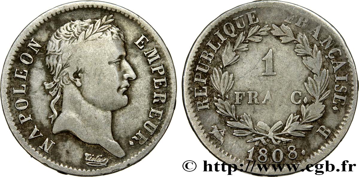 1 franc Napoléon Ier tête laurée, République française 1808 Rouen F.204/3 TB35 