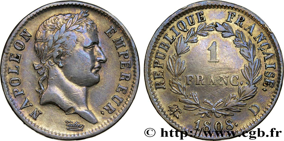 1 franc Napoléon Ier tête laurée, République française 1808 Lyon F.204/5 TTB45 