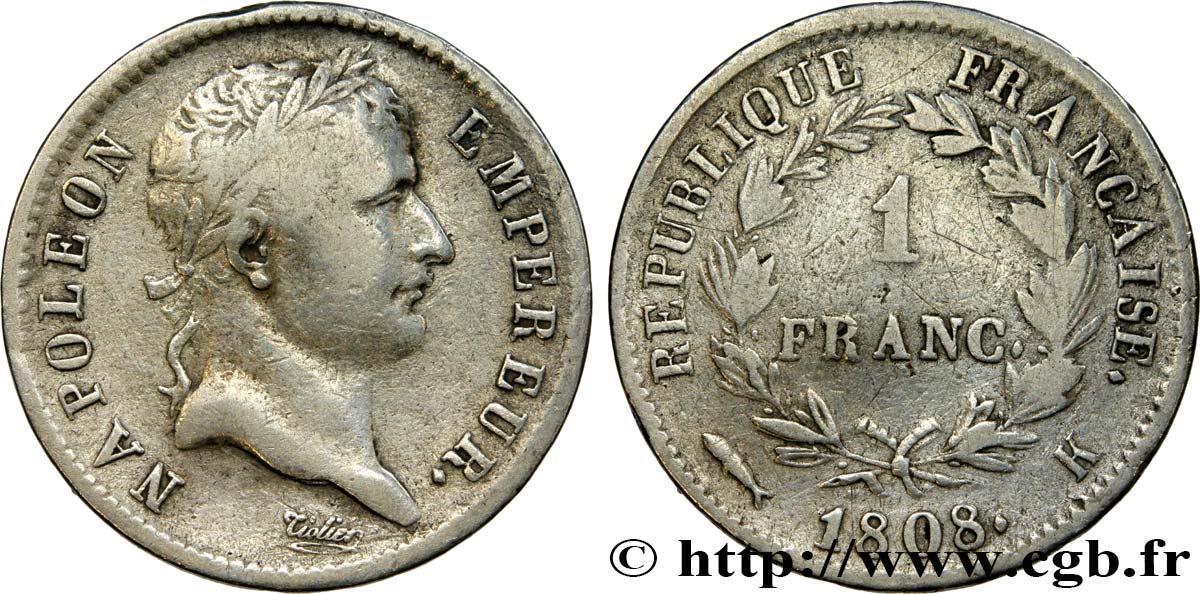 1 franc Napoléon Ier tête laurée, République française 1808 Bordeaux F.204/8 S25 
