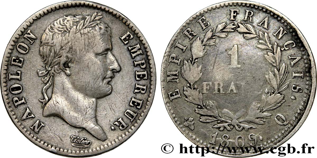 1 franc Napoléon Ier tête laurée, Empire français 1809 Perpignan F.205/9 MB35 
