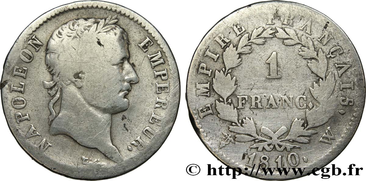 1 franc Napoléon Ier tête laurée, Empire français 1810 Lille F.205/27 BC15 