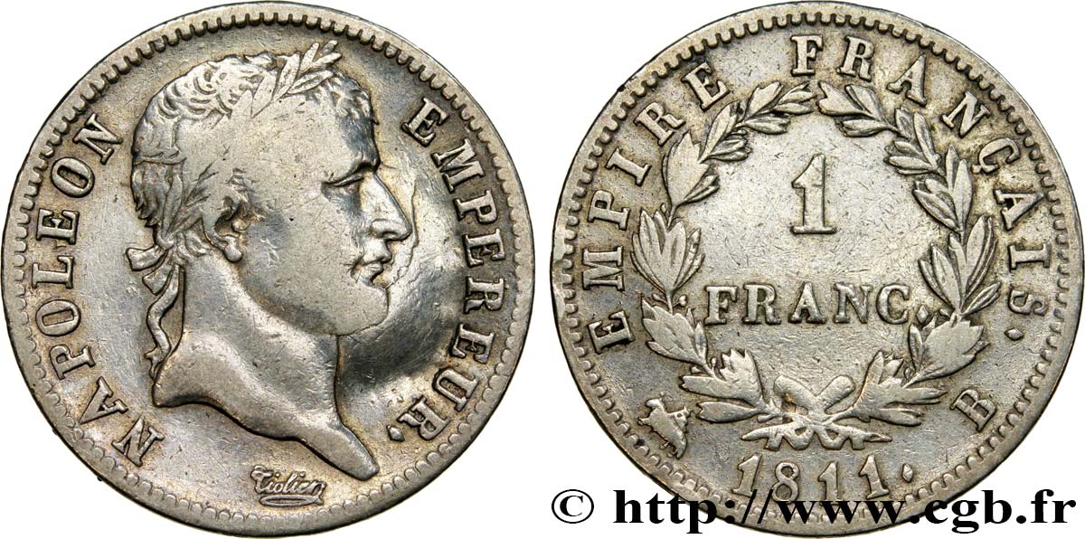 1 franc Napoléon Ier tête laurée, Empire français 1811 Rouen F.205/29 q.BB 